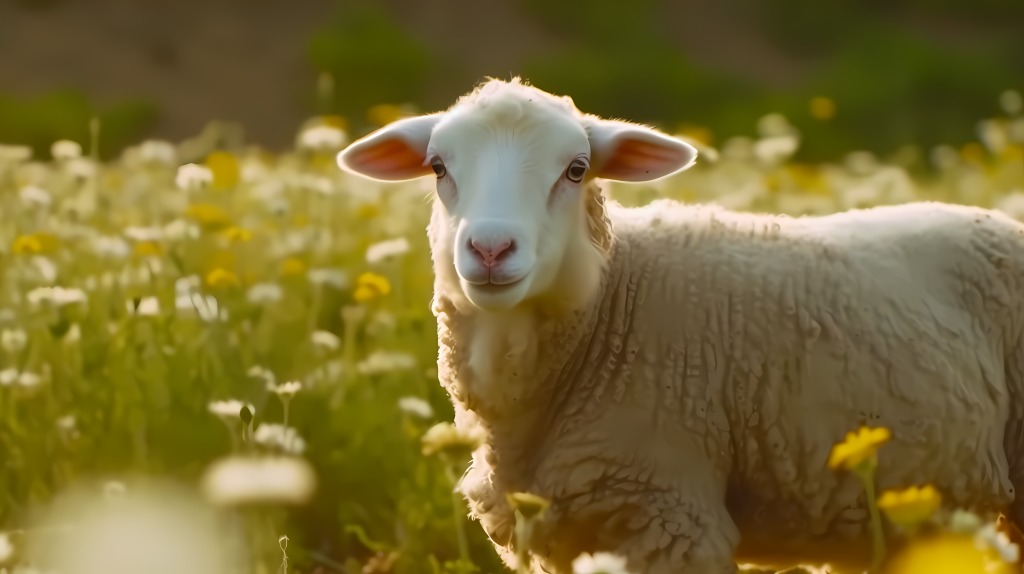 花田前的可爱小羊摄影图片