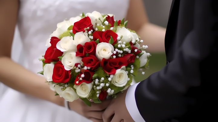 新婚夫妇手持红白婚礼花束的摄影版权图片下载