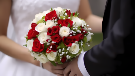新婚夫妇手持红白婚礼花束的摄影图片