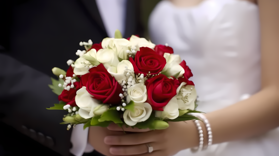 新婚夫妇手持红白风格婚礼玫瑰花束摄影图片