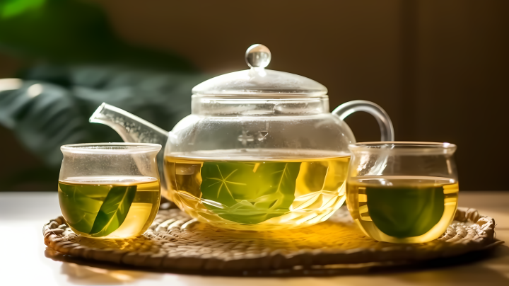 桌上透明风格的绿茶壶、茶杯和茶壶摄影版权图片下载