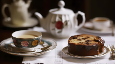 怀旧茶具搭配红茶和蛋糕摄影图片