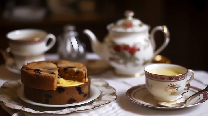 怀旧餐具上的茶点摄影版权图片下载
