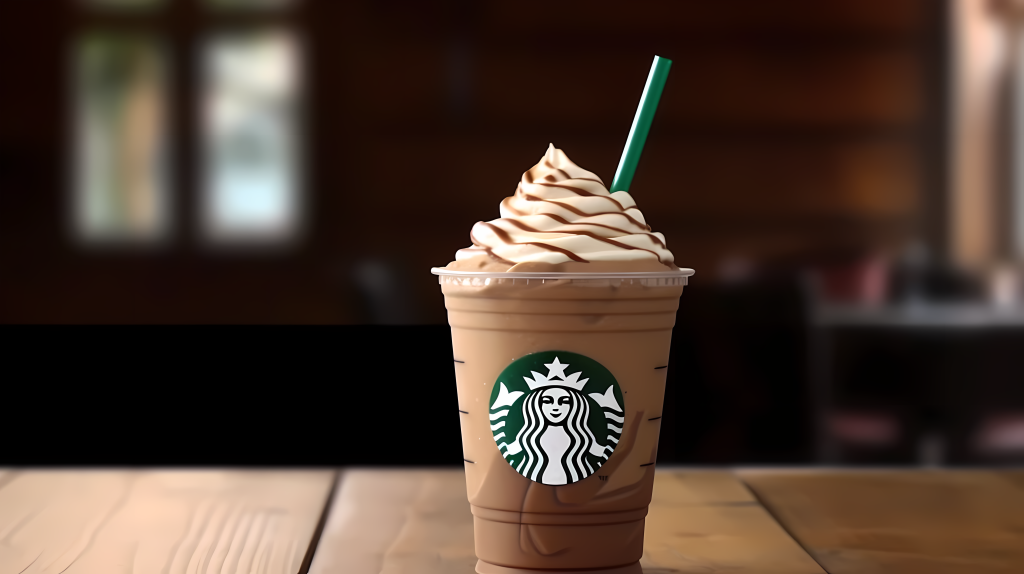 星巴克木质餐桌上的一杯摄影图片