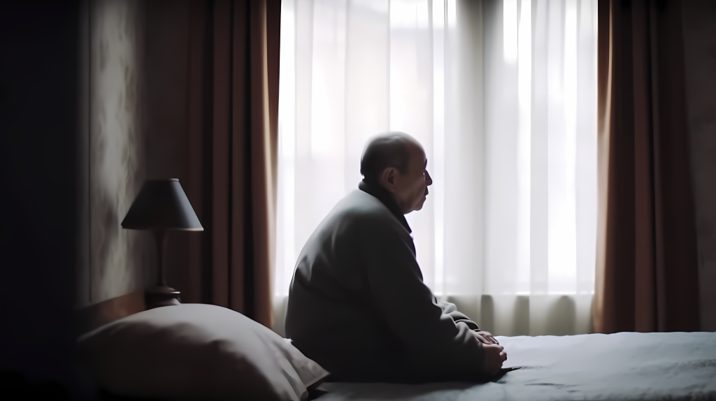 坐在床上寂静孤独老人窗前摄影图