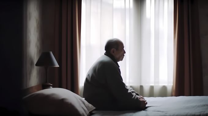 坐在床上寂静孤独老人窗前摄影图