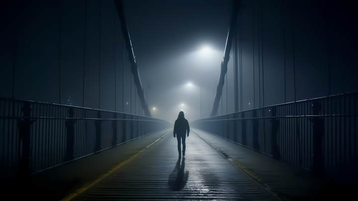 寂静夜色迷离桥上行人摄影图版权图片下载