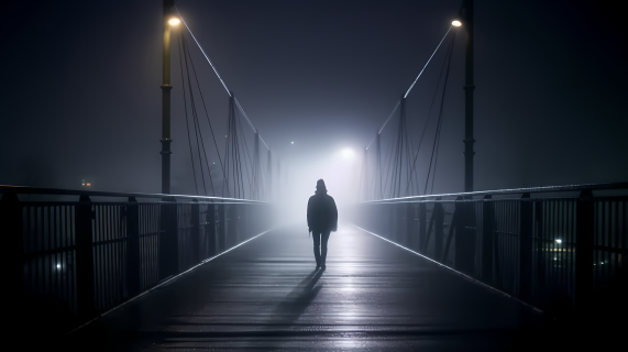 夜晚夜雾桥上的行人摄影图片