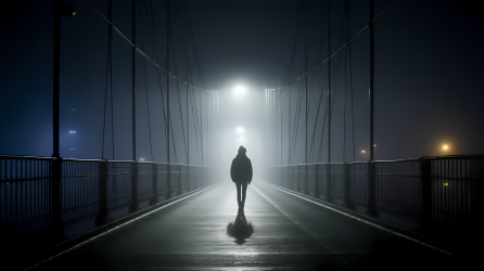 夜雾中的桥上行人摄影图片