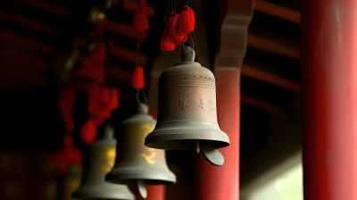 红庙檐下挂着的钟摄影图片