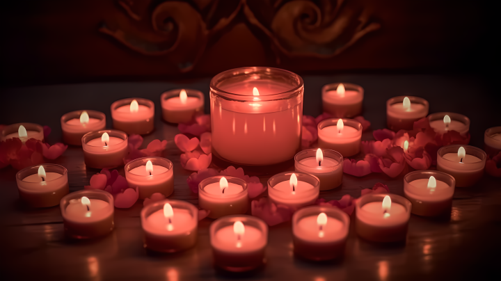 浪漫夜色下的红蜡烛心形摄影版权图片下载