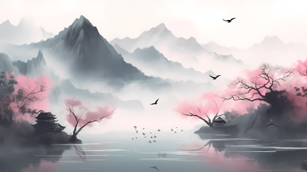 粉灰色风格的中国山水画与天空中的鸟摄影图