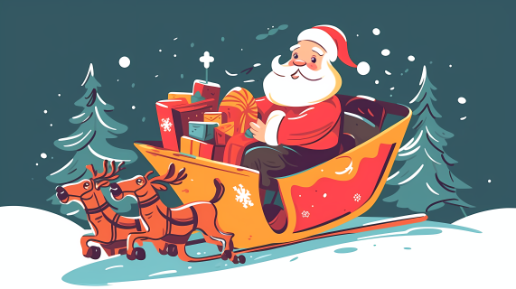 圣诞老人驾着雪橇送礼物摄影图片