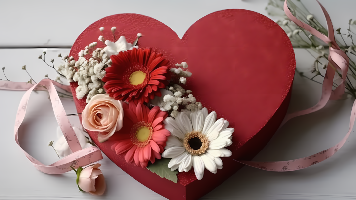 花瓣相伴的爱心礼盒摄影版权图片下载