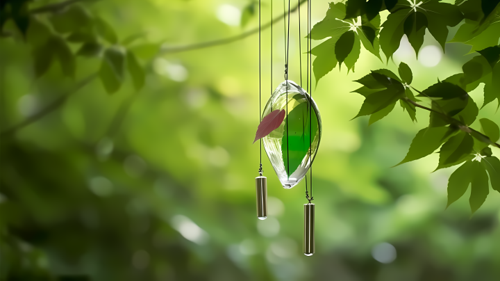 绿叶与玻璃风铃的自然背景摄影版权图片下载