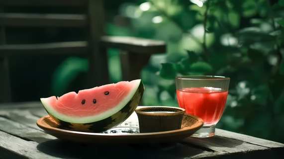 日式户外真实主义摄影图：西瓜与茶的清凉之夏