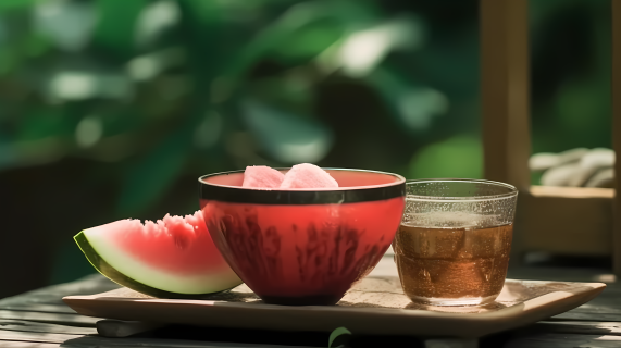 户外真实主义风格的日本摄影图片——西瓜和茶饮