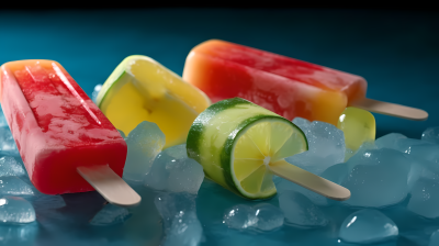 清凉夏日：冰上西瓜和青柠冰棍摄影图