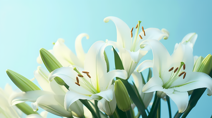 淡绿与天蓝的白百合花摄影图版权图片下载