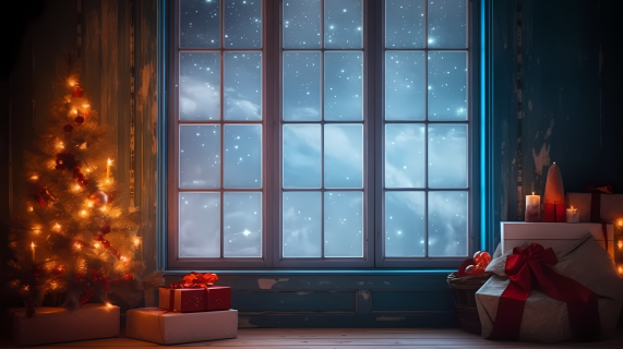 神秘的冬日礼物与圣诞树摄影图片
