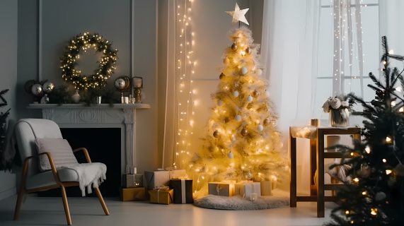 小型圣诞树金色装饰品摄影图