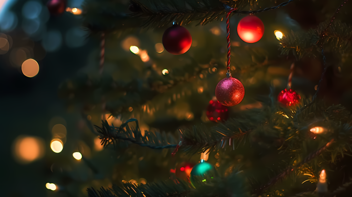夜晚圣诞树发光灯球装饰摄影版权图片下载
