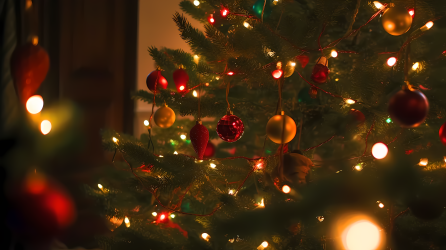 圣诞节树上的灯光与装饰品摄影图片