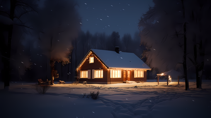 圣诞之夜雪与圣诞灯光摄影版权图片下载