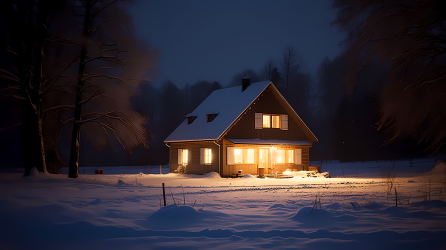 圣诞雪夜的平静木屋与圣诞灯光摄影图