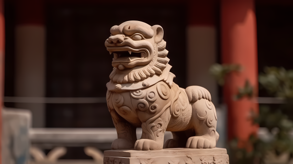 北京庭院中的中式狮子摄影图