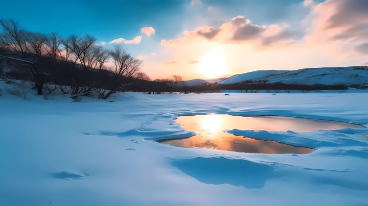 雪山夕阳湖畔摄影图版权图片下载