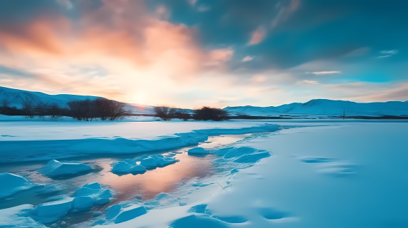 雪山夕阳下的冰封湖景摄影图