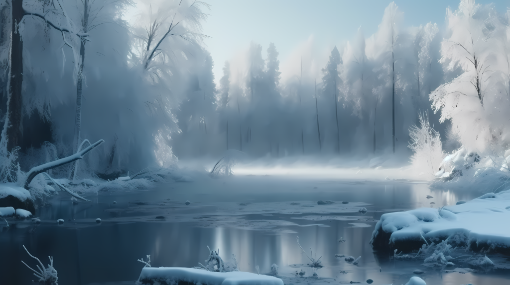 冬日白雪森林与冰冻湖泊摄影图片