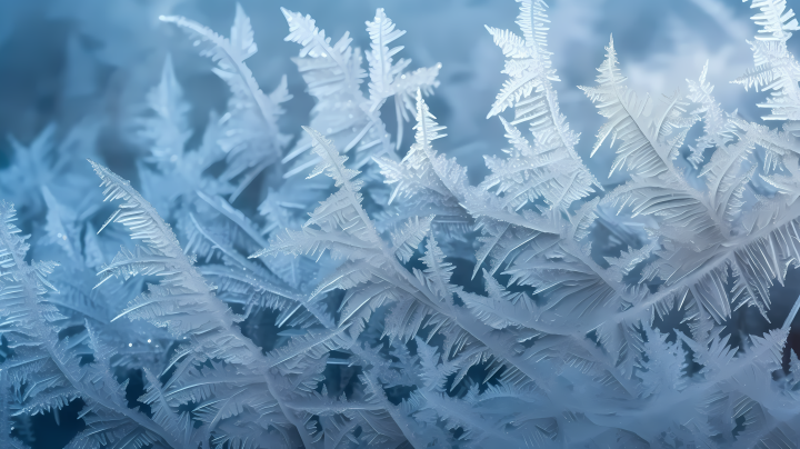 冰玻璃上的霜花与蓝色背景摄影图版权图片下载