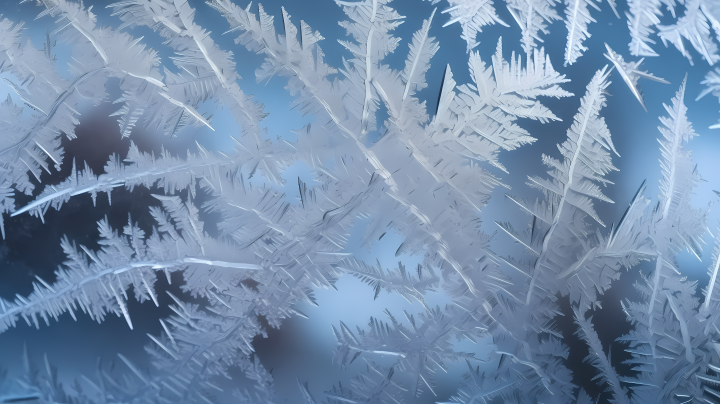 冰雪蓝背景玻璃上的霜结摄影版权图片下载