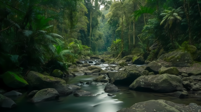 雨林生态中的河流摄影图