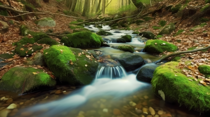 森林溪流中的自然风景摄影图片