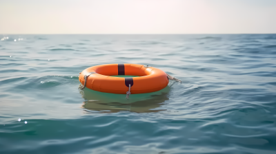 海上漂浮的橙色救生圈摄影图片