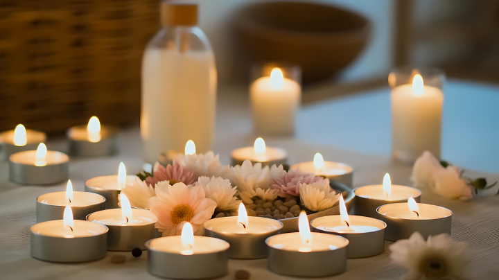水疗理疗桌上的蜡烛花朵和水摄影版权图片下载