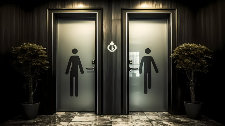 动态线条风格的男性标志在浴室入口处的摄影版权图片下载
