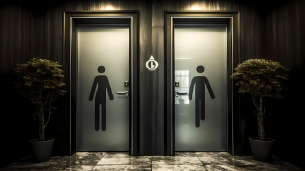 动态线条风格的男性标志在浴室入口处的摄影图片