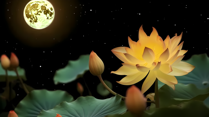 中国莲花与中秋月圆的摄影版权图片下载