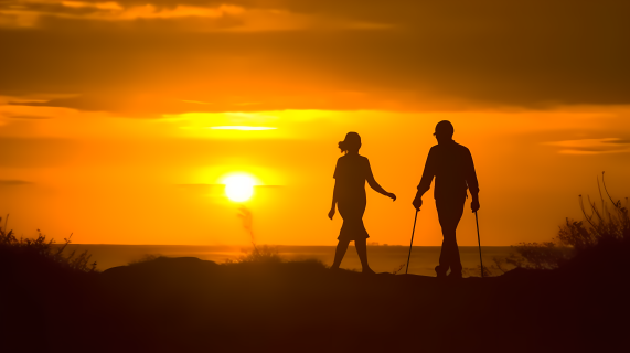 夕阳下的情侣步行摄影图