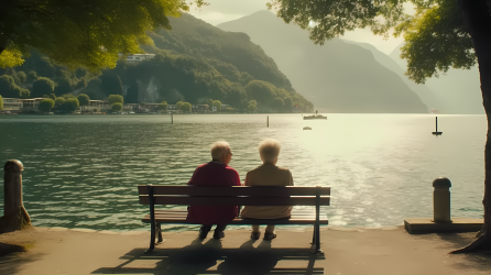 湖边老夫妻坐在绿树环绕的长椅上的摄影图