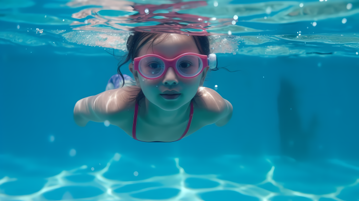 中国小女孩佩戴护目镜在游泳池中游泳摄影图版权图片下载