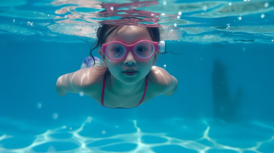 中国小女孩佩戴护目镜在游泳池中游泳摄影图