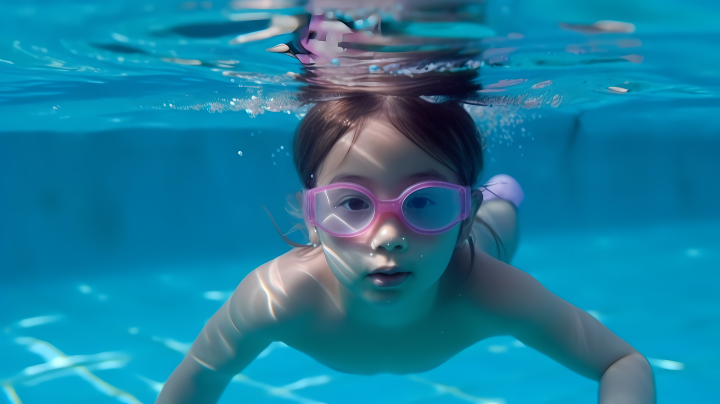 女孩戴着护目镜在游泳池中游泳摄影版权图片下载