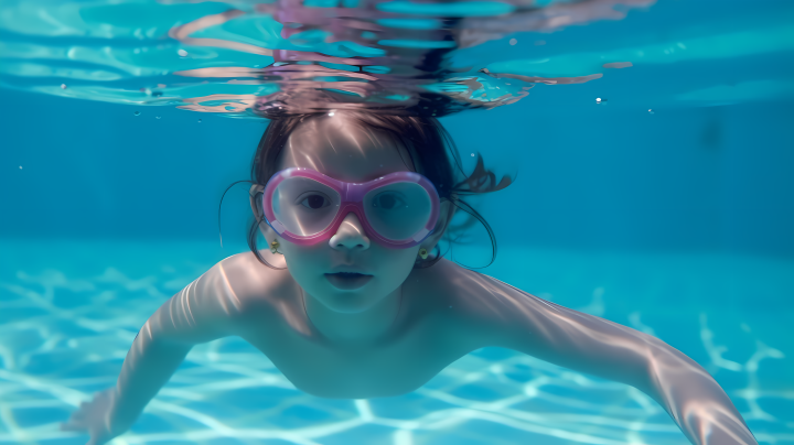 泳池中戴着护目镜的中国小女孩摄影版权图片下载