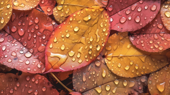 秋叶带水滴摄影图
