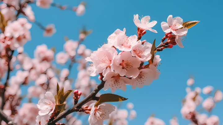 粉色桃树花朵迎着蓝天的摄影版权图片下载